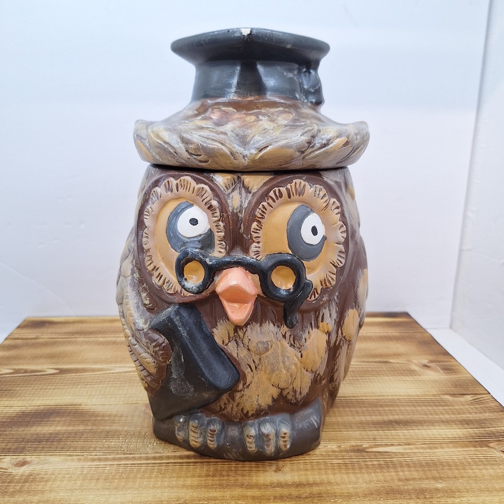 Vtg Ceramic Wise Owl Cookie Jar Education Professor Mid Century Hand Painted